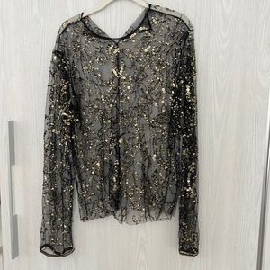 DRIES VAN NOTEN 34 Sheer Black Gold Sequin Long Sleeve Top